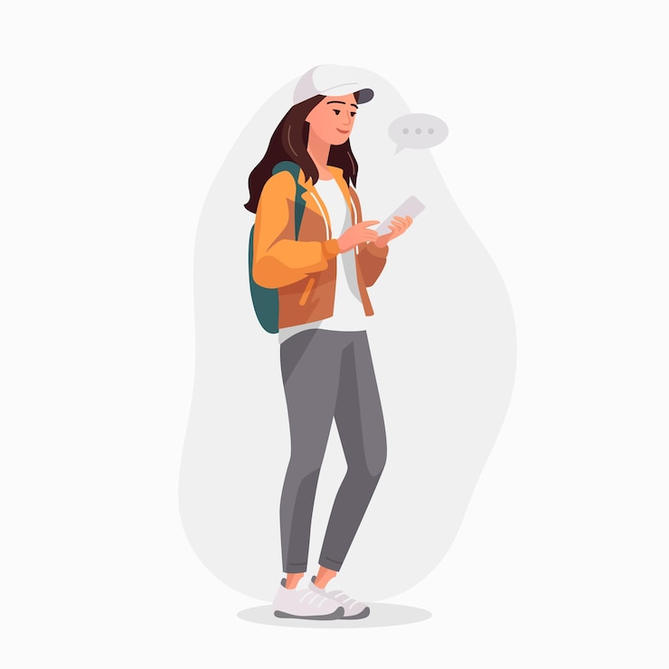 Vettore ragazza giovane donna sta guardando lo smartphone e chiacchierando ragazza felice donne sta digitando sul telefono personaggio di cartone animato pieno corpo piatto in abbigliamento casual illustrazione vettoriale