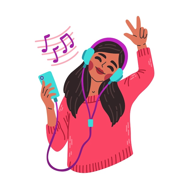 Ragazza in auricolari e cuffie, ascoltando musica e ballando. Ragazza felice con lettore audio