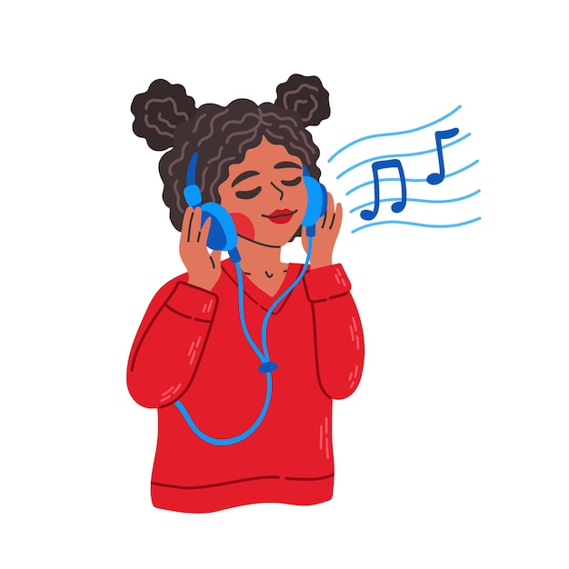 Ragazza in auricolari e cuffie, ascoltando musica e ballando. Ragazza felice con lettore audio