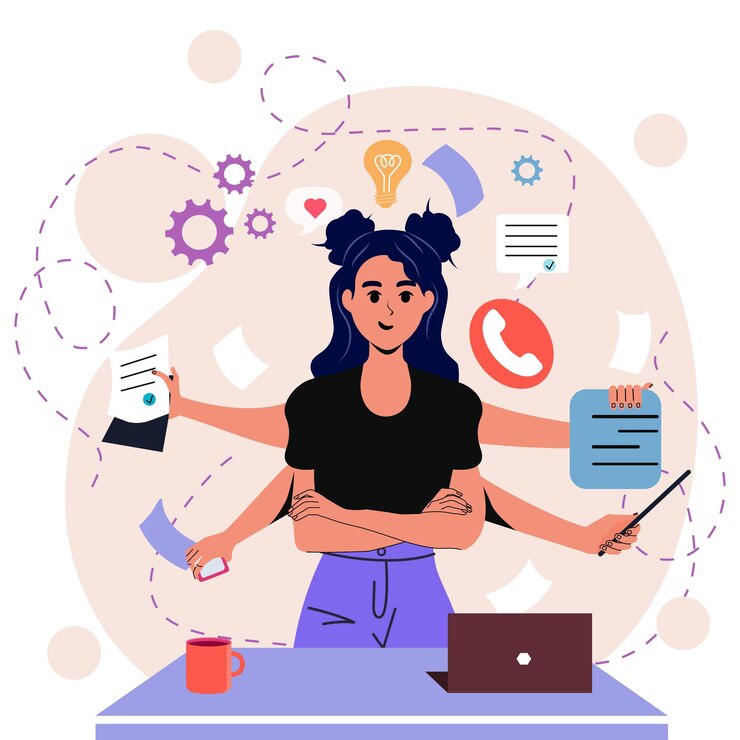 Vettore ragazza in flat multitasking gestione del tempo