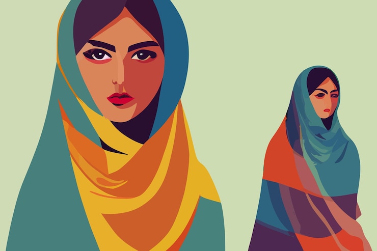 Vettore ragazza iraniana vestita di hijab con sguardo fiero protesta contro l'iran