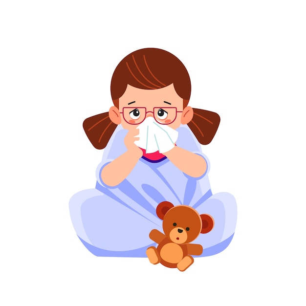 Ragazza malata del bambino che si siede nel letto con l'orso del giocattolo e che soffia il naso, stare così male con la febbre. Illustrazione di cartone animato