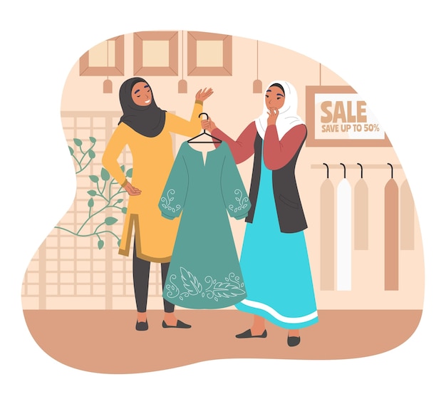 Ragazza musulmana felice che compra in un negozio di abbigliamento femminile illustrazione vettoriale piatta Giovane donna araba che indossa abiti tradizionali e hijab che sceglie un vestito moderno con l'assistente di negozio in una boutique di moda