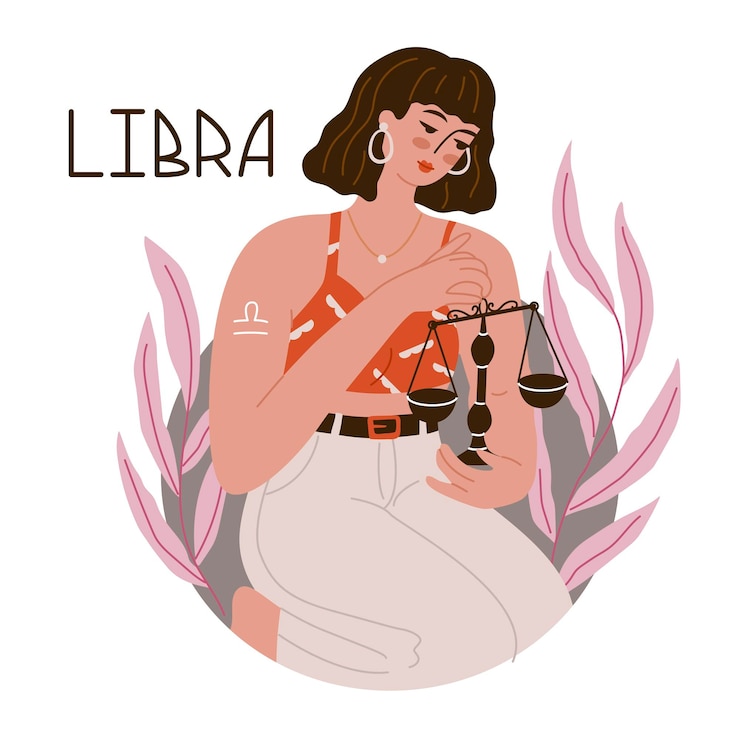 Vettore ragazza nell'immagine del segno zodiacale bilancia bellezza astrologia oroscopo individuale con belle donne analisi delle caratteristiche della data di nascita stile piatto nell'illustrazione vettoriale