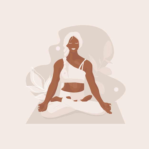 Ragazza nera con capelli bianchi che fa yoga nella posizione del loto