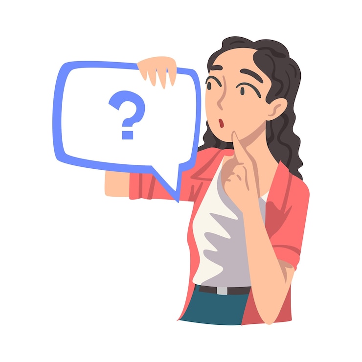 Vettore ragazza premurosa che tiene in mano una bolla di chat con un segno d'interrogazione nelle mani persone che comunicano messaggi chat illustrazione vettoriale di cartoni animati