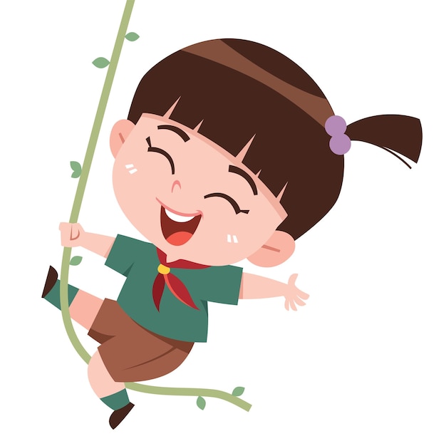 Ragazza scout felice che si arrampica su una vite illustrazione di cartoni animati