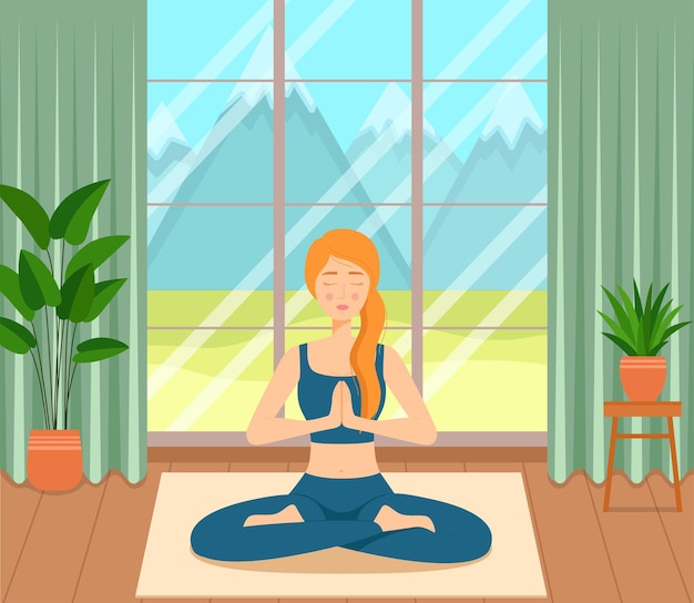 Ragazza seduta a gambe incrociate in camera, praticando yoga e meditazione, illustrazione vettoriale