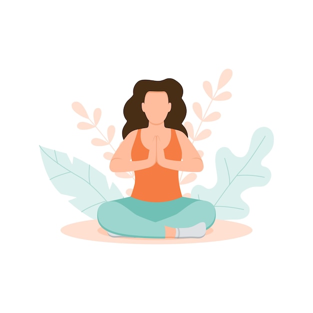 Ragazza seduta nella natura e meditando. Illustrazione per yoga, meditazione, poster, carte.