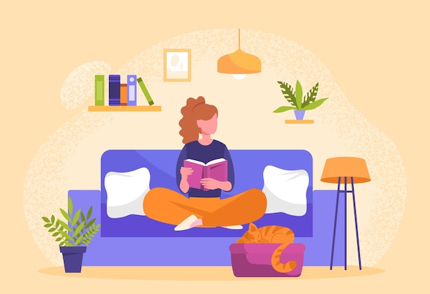 Ragazza seduta sul divano sera relax lettura concetto di istruzione di insegnamento amore per la letteratura