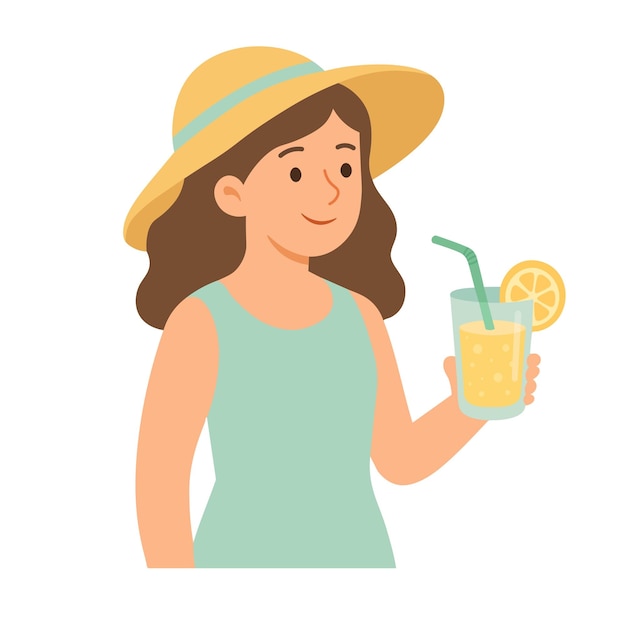 Ragazza sorridente con un cappello d'estate che tiene una limonata rinfrescante in stile spiaggia a cartone animato piatto