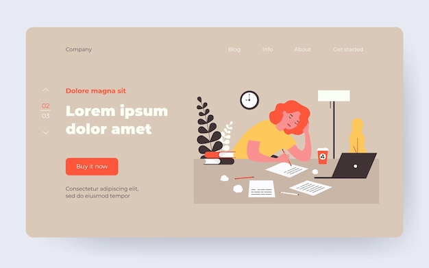 Ragazza stanca dell'allievo che studia alla notte. Scrittore, testo scritto a mano, documenti, computer, illustrazione vettoriale piatto caffè. Scadenza, concetto di gestione del tempo per banner, progettazione di siti Web o pagina Web di destinazione