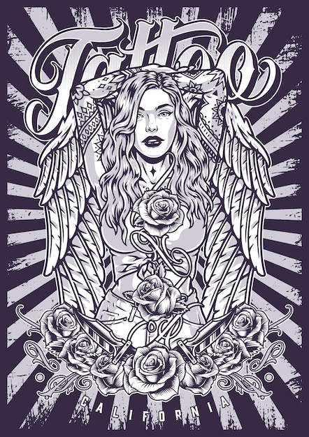 Ragazza tatuata californiana volante monocromatico