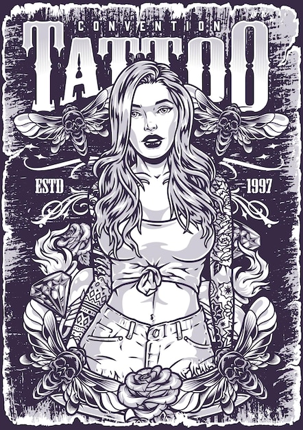 Ragazza tatuatrice volante monocromatico