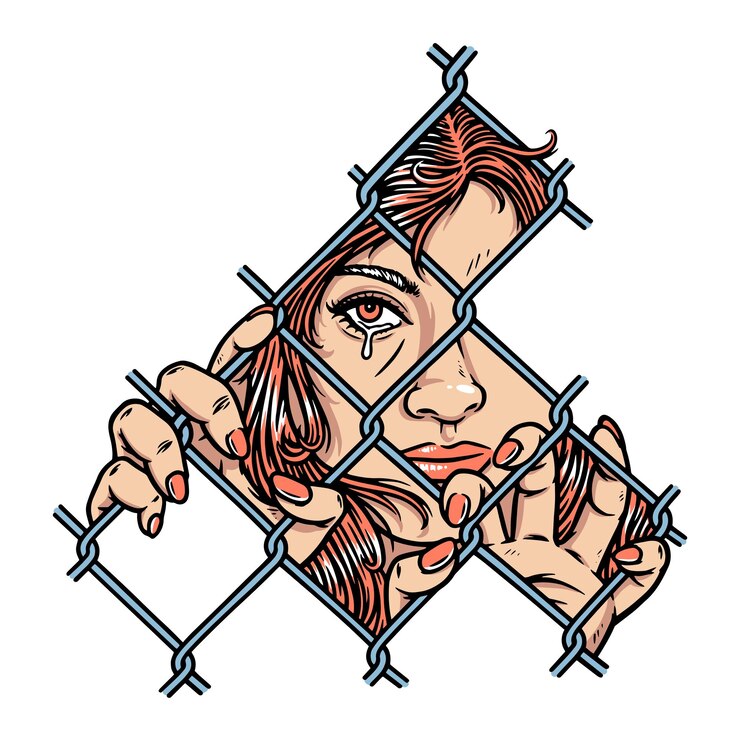 Vettore ragazza triste dietro un recinto. ragazza triste dietro un recinto. stile pop art. schizzo disegnato a mano. illustrazione vettoriale.