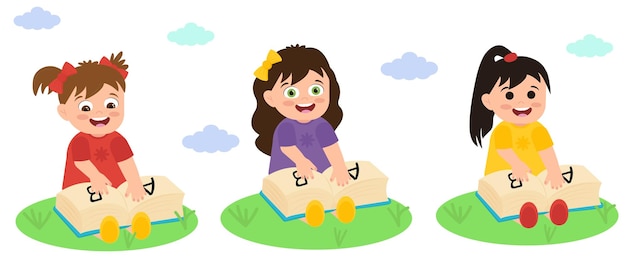 Ragazze con un libro di testo sedute sull'erba in stile cartone animato illustrazione di ragazze carine