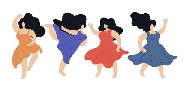 Ragazze danzanti di vettore. Corpo positivo. Amo il tuo corpo. Illustrazione felice dei personaggi dei cartoni animati