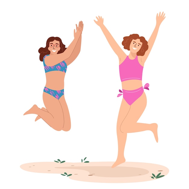 Ragazze felici che saltano in costume da bagno entusiaste dell'illustrazione di vettore di vacanza estiva di vacanza al mare