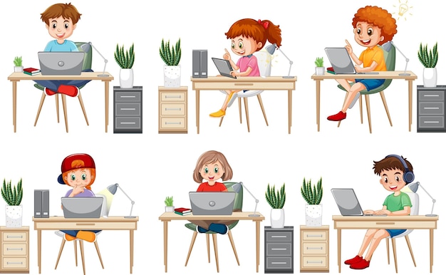 Ragazzi dei cartoni animati che usano i portatili per l'apprendimento online