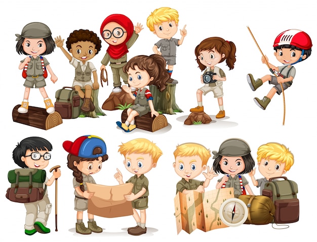 Ragazzi e ragazze in abito da campeggio illustrazione