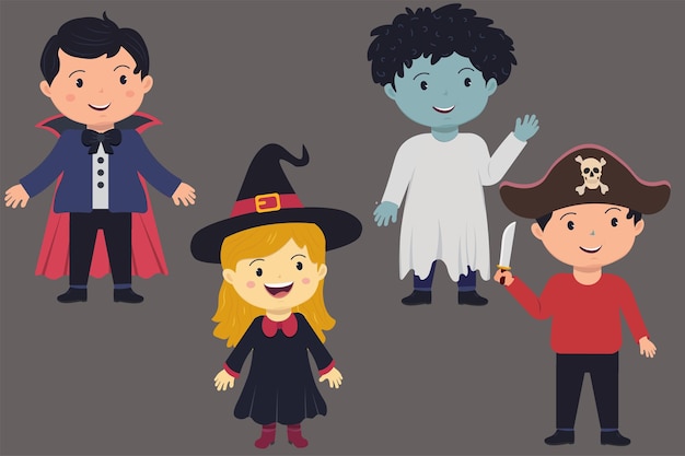 Ragazzi in costumi di Halloween strega vampiro zombie e pirata