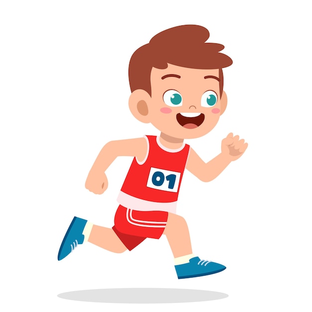Ragazzino carino felice che corre nel gioco della maratona