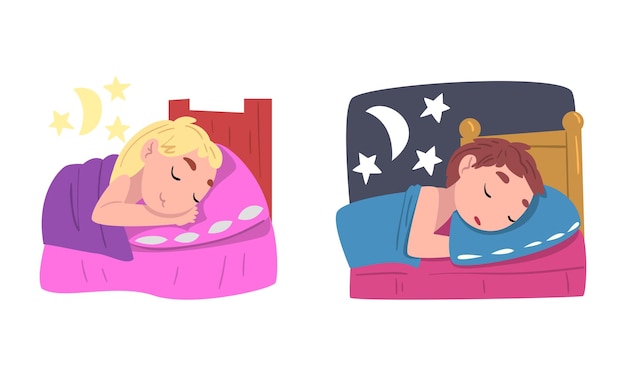 Ragazzino e ragazza che dormono nel loro letto di notte set vettoriale