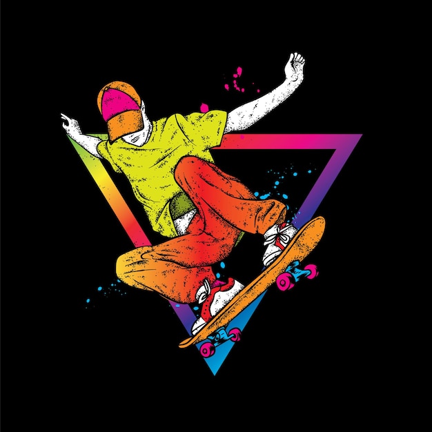 Ragazzo alla moda che salta con lo skateboard colorato