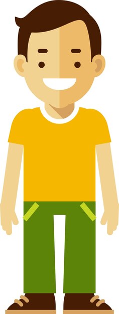 Ragazzo bambino in piedi in maglietta gialla e pantaloni verdi stile piatto
