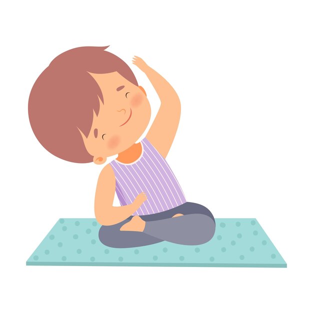 Ragazzo carino che fa sport, esercizio fisico, bambino adorabile che pratica yoga, attivo, stile di vita sano.
