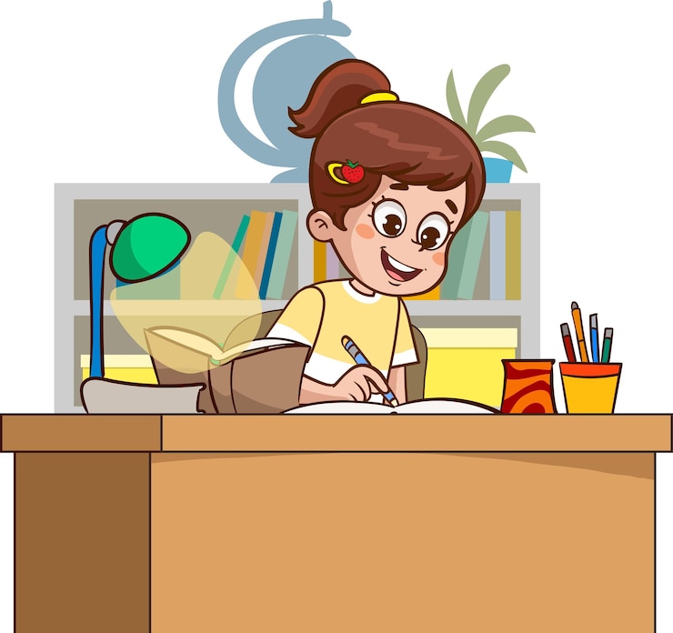 Vettore ragazzo carino felice che studia al tavolo