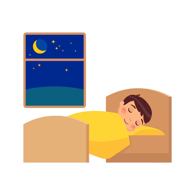 Ragazzo che dorme sul letto. Illustrazione del regime quotidiano