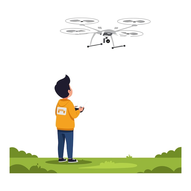 Ragazzo che gestisce un drone in un'illustrazione a vettore minimo piatto