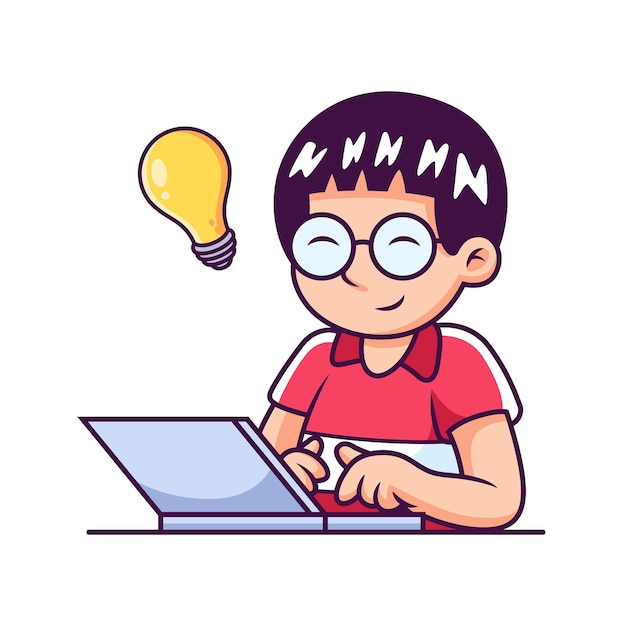 Ragazzo che gioca al computer portatile con l'idea. Illustrazione dell'icona. Concetto dell'icona della tecnologia della scienza isolato