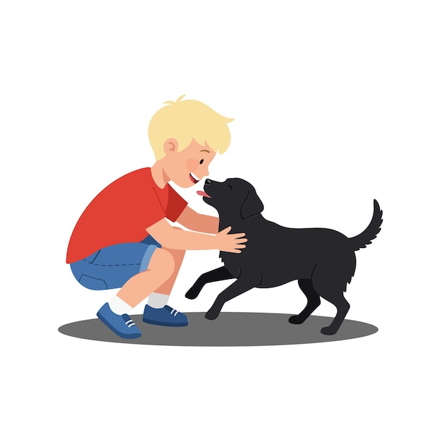 Ragazzo che interagisce gioiosamente con un cane nero in stile d'arte vettoriale piatto
