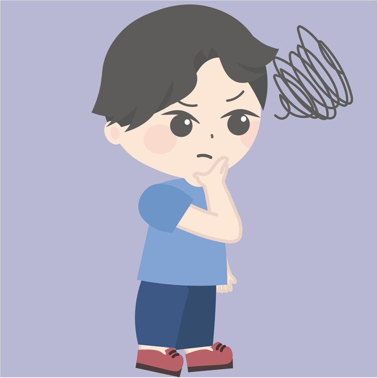 ragazzo dei cartoni animati che pensa per alcuni minuti illustrazione vettoriale nello stile dei materiali intrecciati