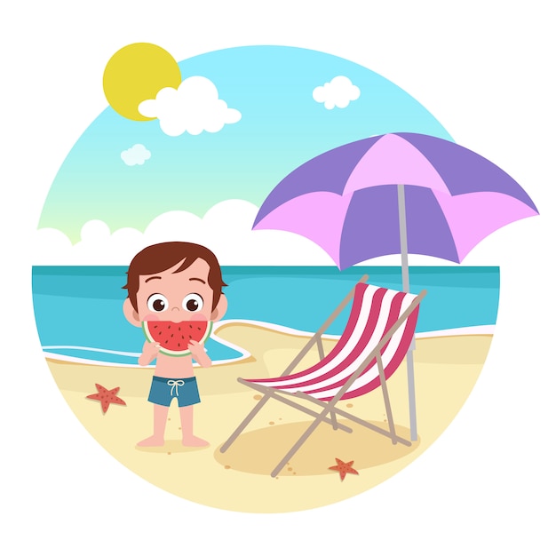 Ragazzo del bambino che gioca sull&#39;illustrazione della spiaggia