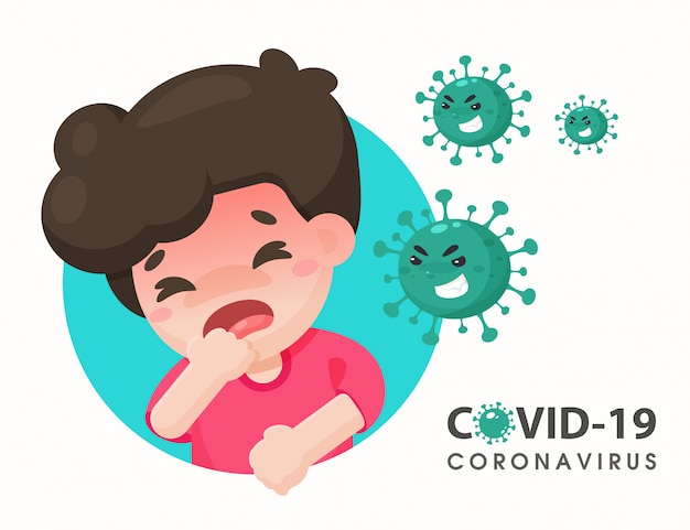 Ragazzo del fumetto che è stato infettato dall'attacco del virus della corona fino alla malattia e alla febbre alta.