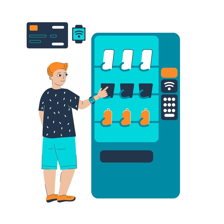 Vettore ragazzo della generazione z che utilizza un distributore automatico di bevande e snack