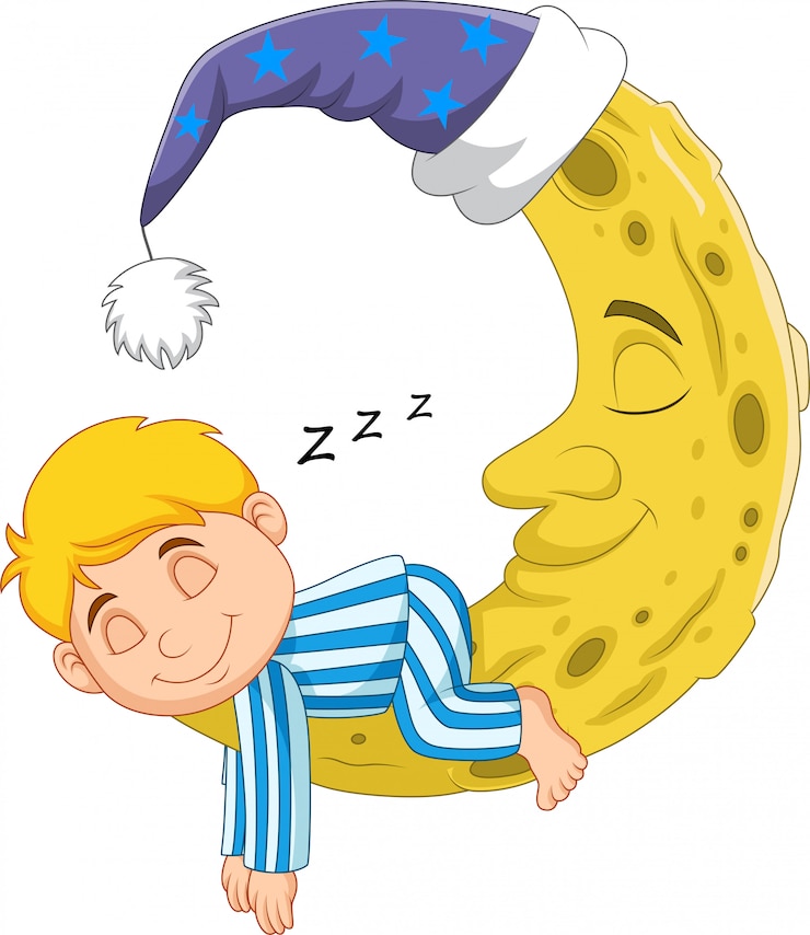 Vettore ragazzo di cartone animato che dorme sulla luna