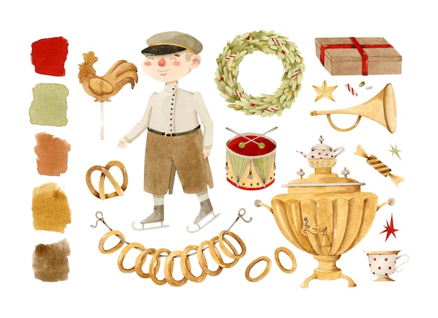 Ragazzo di Natale russo vintage con giocattoli samovar e set di elementi acquerello ghirlanda