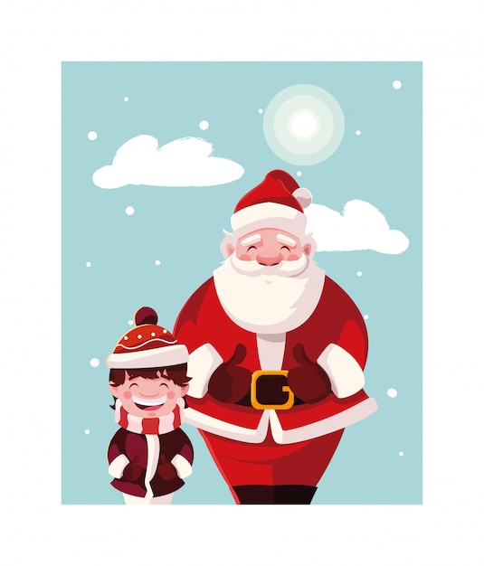 Ragazzo e Babbo Natale nel paesaggio invernale