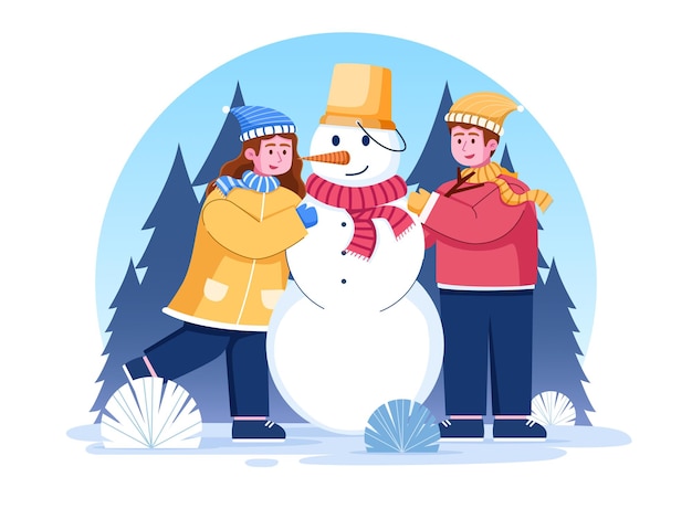 Ragazzo e ragazza che fanno un pupazzo di neve insieme durante l'inverno