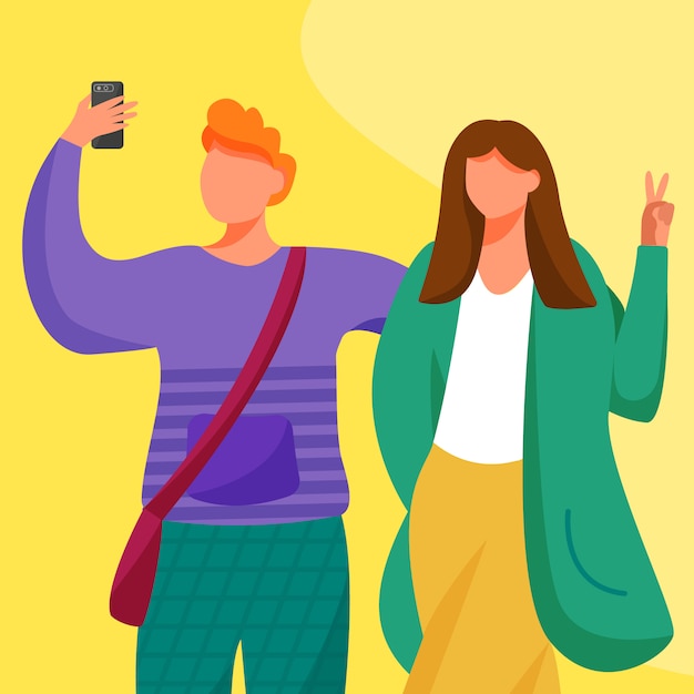Ragazzo e ragazza che prendono l'illustrazione piana della foto di auto.