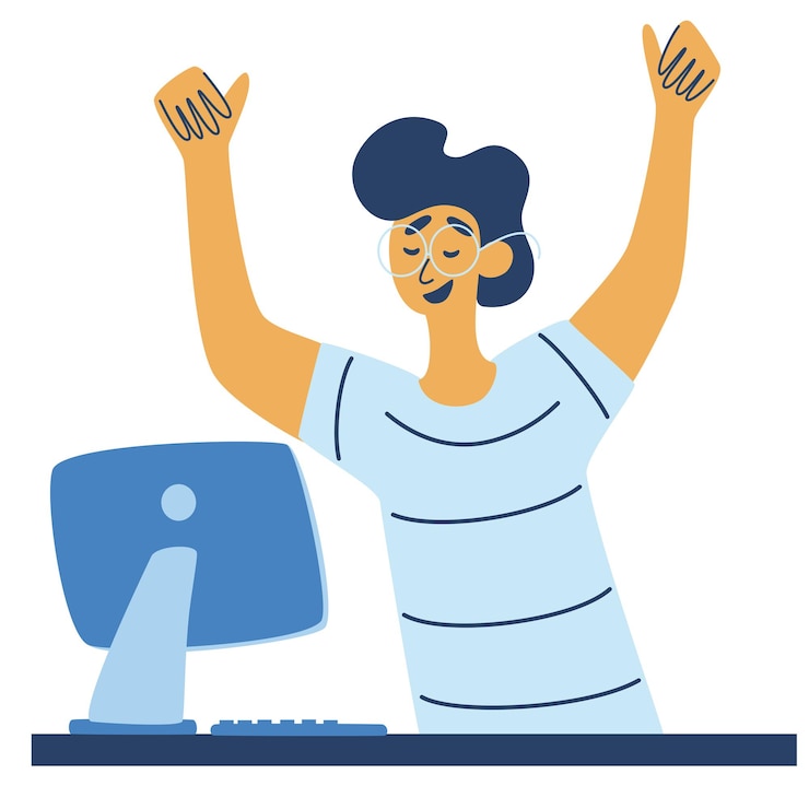 Vettore ragazzo felice al computer da tavolo, personaggio vettoriale dei dipendenti di successo. il concetto di successo. lavoro produttivo e buona giornata lavorativa. illustrazione vettoriale