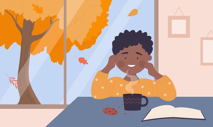 Vettore ragazzo felice che beve tè caldo o cioccolato bambino che mangia biscotti e legge un libro a casa