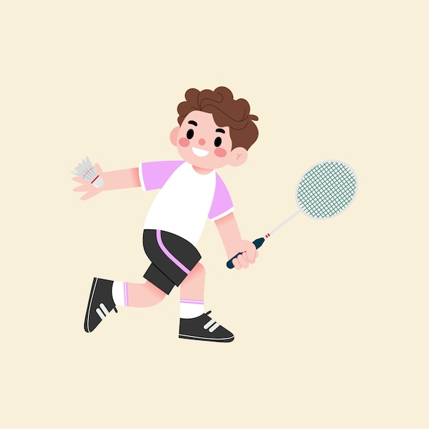Ragazzo felice che gioca a badminton Bambino attivo Illustrazione di cartoni animati Ragazzo sportivo