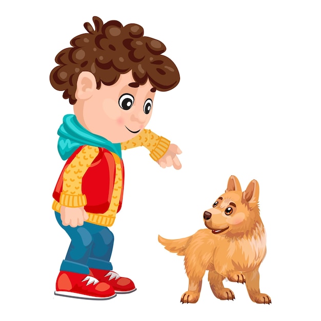 Ragazzo felice che indica e addestra un cucciolo