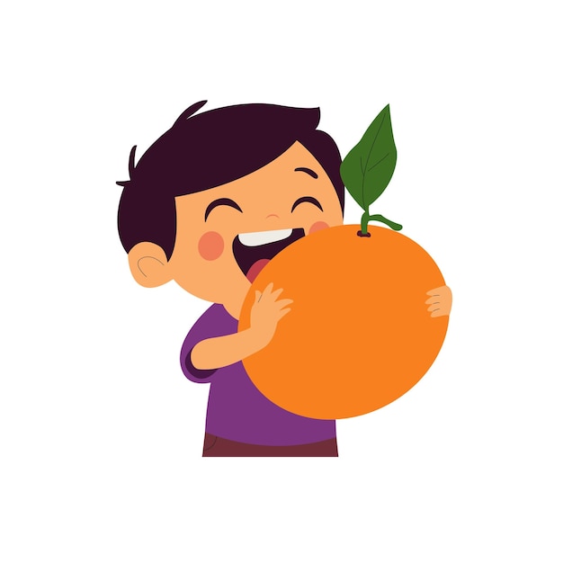 Ragazzo felice con un frutto di arancione gigante