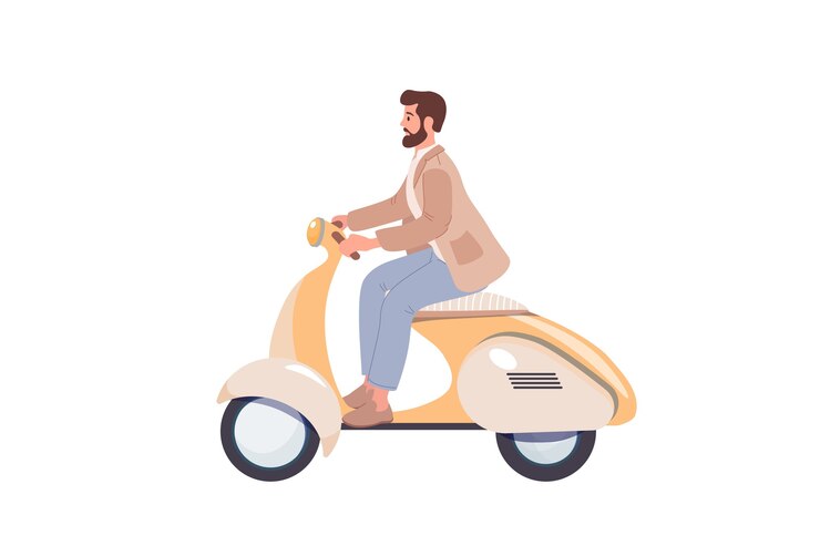 Ragazzo giovane hipster in sella a uno scooter retrò su uno sfondo bianco illustrazione